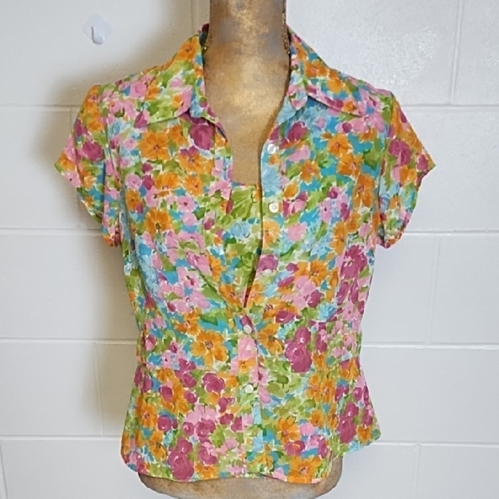Two Piece Floral Multicolor Layered Tank & Blouse Shirt Set